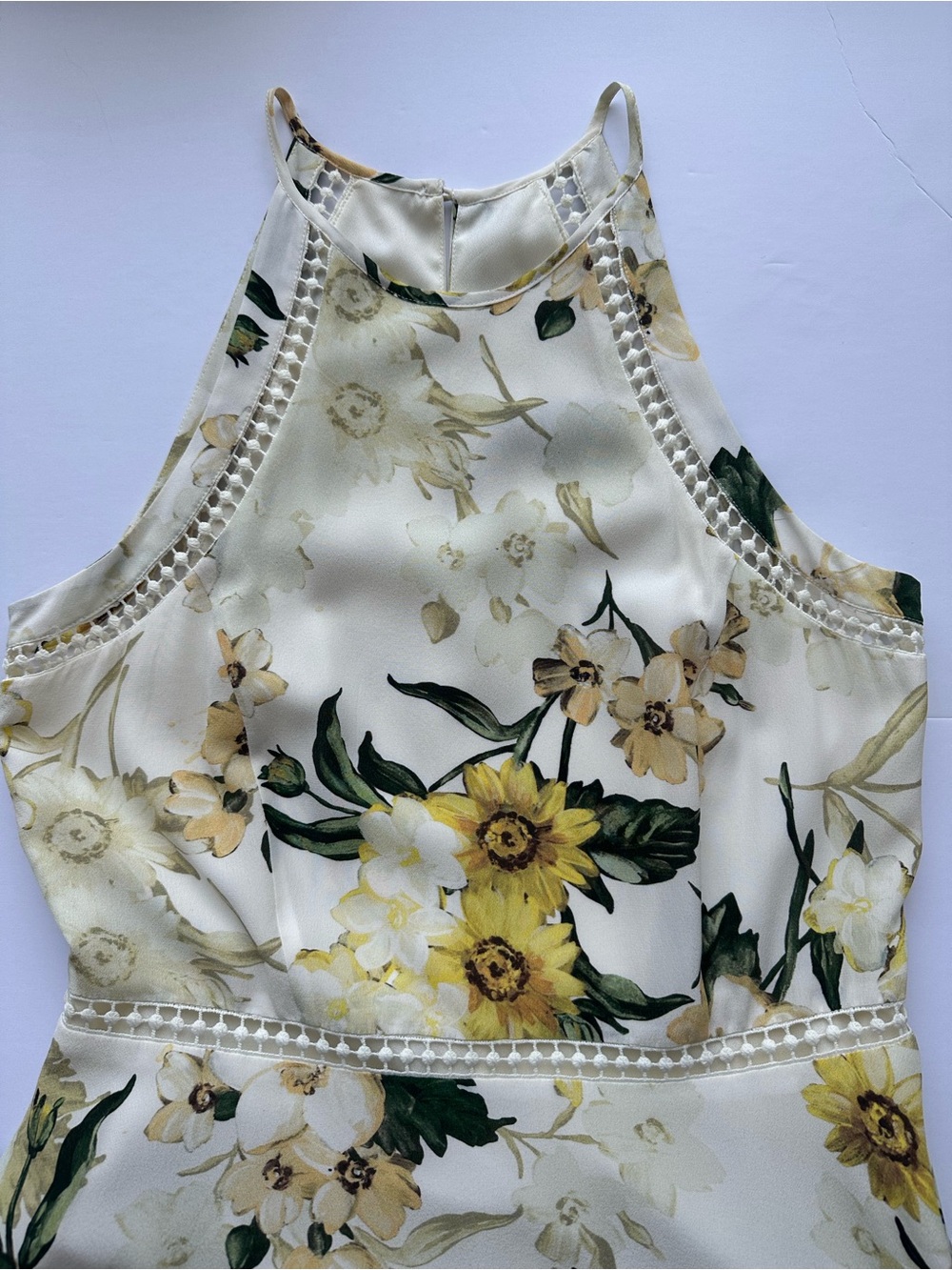 Tahari Silk Dress, Cream Halter Floral with Yellow Blooms